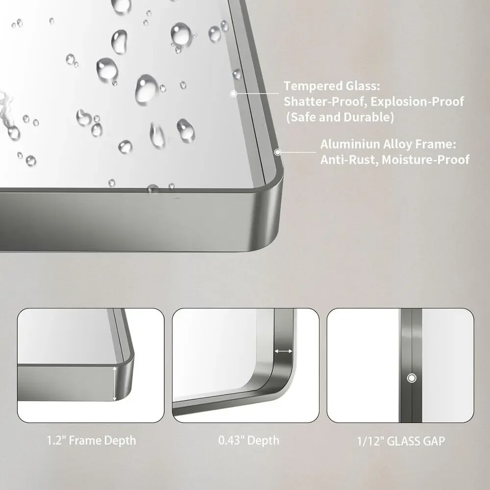 LOAAO 24X36 Inch Brushed Nickel Bathroom Mirror, Rounded Rectangle Silver Metal